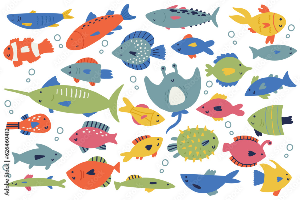 Big set cute hand drawn sea creature fish isolated on white. Underwater creature fish. Decorative doodle funny collection ocean fauna Big set cute hand drawn sea creature fish isolated on white. Underwater creature fish. Decorative doodle funny collection ocean fauna