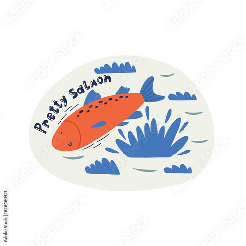 Cute hand drawn sea fish character salmon isolated on white. Underwater creature life. Decorative lettering pretty salmon. Kids vector print design doodle style