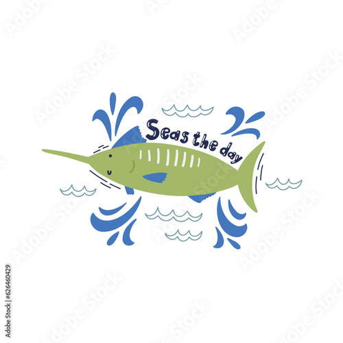 Cute hand drawn sea fish character swordfish isolated on white. Underwater creature life. Decorative lettering seas the day. Kids vector print design doodle style