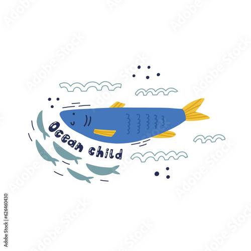 Cute hand drawn sea fish character sardine isolated on white. Underwater creature life. Decorative lettering ocean child. Kids vector print design doodle style