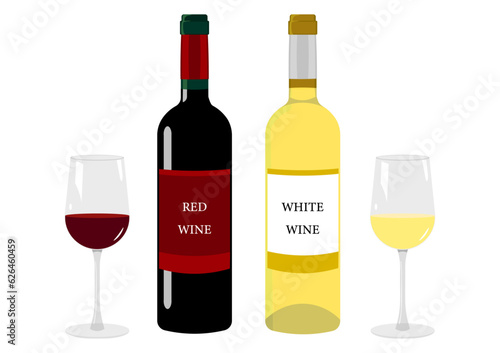 赤ワインと白ワインのボトルとグラス