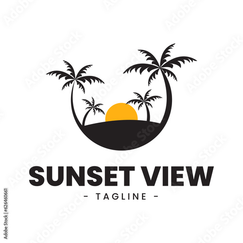 Ocean Beach with Palm Tree Silhouette for Vacation Holiday Hawaii Paradise Island Travel logo design