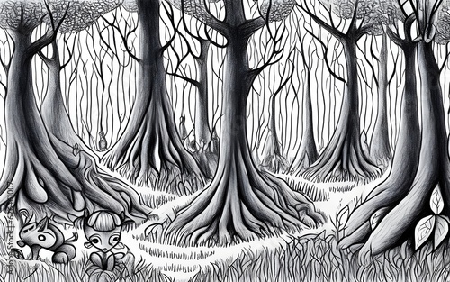 fantasy forest children drawing, Generative AI Illustration