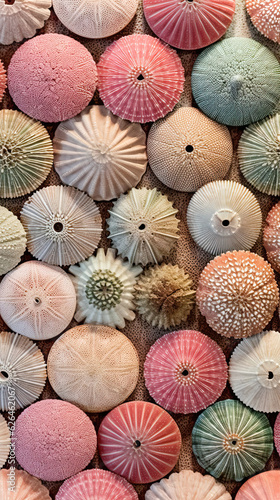 Colorful Sea Urchin Background an arrangement of many sea urchin sand dollars in the style urchin shells shells on the beach