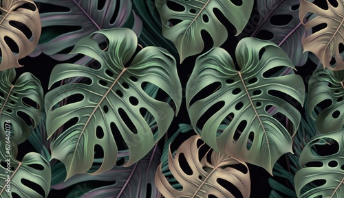 Tropical seamless pattern with beautiful monstera, palm leaves. Hand-drawn dark vintage 3D illustration. Glamorous exotic abstract background design. Good for luxury wallpapers, fabric, Generative AI