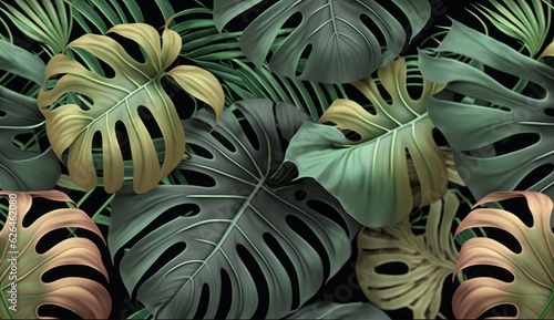 Tropical seamless pattern with beautiful monstera, palm leaves. Hand-drawn dark vintage 3D illustration. Glamorous exotic abstract background design. Good for luxury wallpapers, fabric, Generative AI