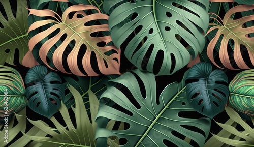 Tropical seamless pattern with beautiful monstera, palm leaves. Hand-drawn dark vintage 3D illustration. Glamorous exotic abstract background design. Good for luxury wallpapers, fabric, Generative AI