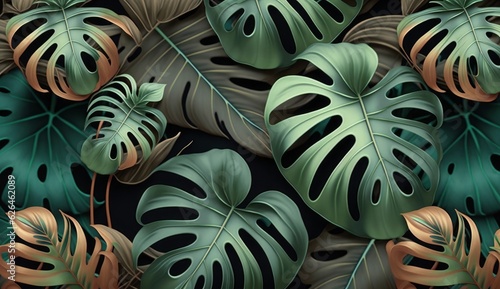 Tropical seamless pattern with beautiful monstera, palm leaves. Hand-drawn dark vintage 3D illustration. Glamorous exotic abstract background design. Good for luxury wallpapers, fabric, Generative AI