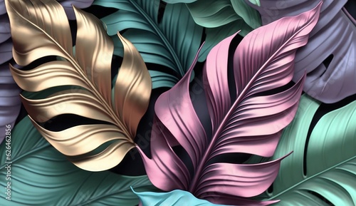 Shiny tropical leaves pastel colored in turquoise, mint, purple, pink rose, gold, blue. Watercolor 3d illustration, luxury wallpaper, premium high quality seamless mural, pattern. Generative AI 