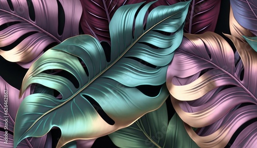 Shiny tropical leaves pastel colored in turquoise, mint, purple, pink rose, gold, blue. Watercolor 3d illustration, luxury wallpaper, premium high quality seamless mural, pattern. Generative AI 