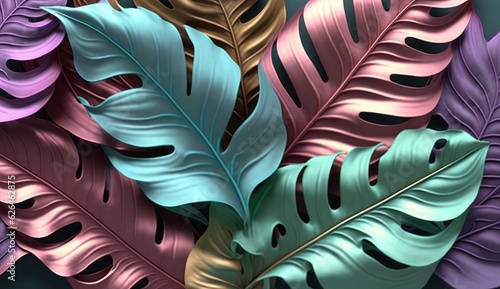 Shiny tropical leaves pastel colored in turquoise, mint, purple, pink rose, gold, blue. Watercolor 3d illustration, luxury wallpaper, premium high quality seamless mural, pattern. Generative AI 