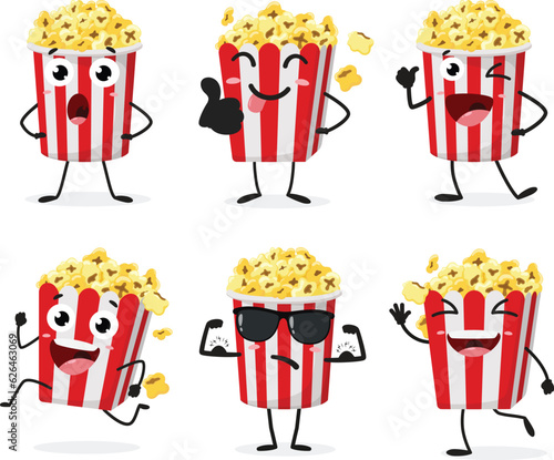 Cartoon Popcorn, set of Cute characters, Isolated on white background