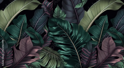 Tropical exotic seamless pattern with dark color vintage banana leaves, palm and colocasia. Hand-drawn 3D illustration. Good for production wallpapers, gift paper, cloth, fabric printing, Generative A