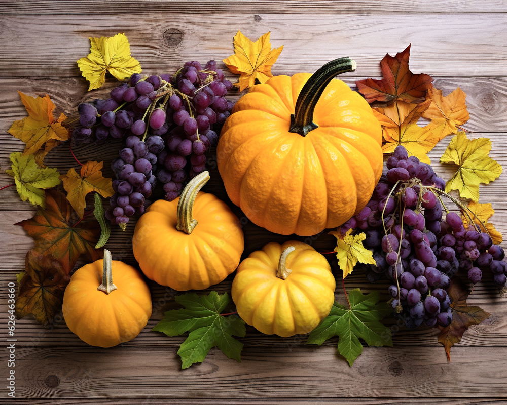 A colorful display of pumpkins, pumpkins and leaves sitting in a row on wooden background. Space for text. Generative AI. A colorful display of pumpkins, pumpkins and leaves sitting in a row on wooden background. Space for text. Generative AI.