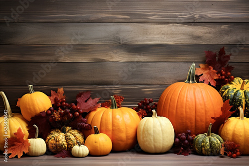 A colorful display of pumpkins, pumpkins and leaves sitting in a row on wooden background. Space for text. Generative AI. photo