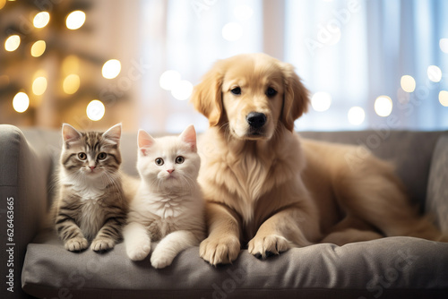 A dog and a cat on the sofa, bokeh, soft lighting with christmas lights. Generative AI.