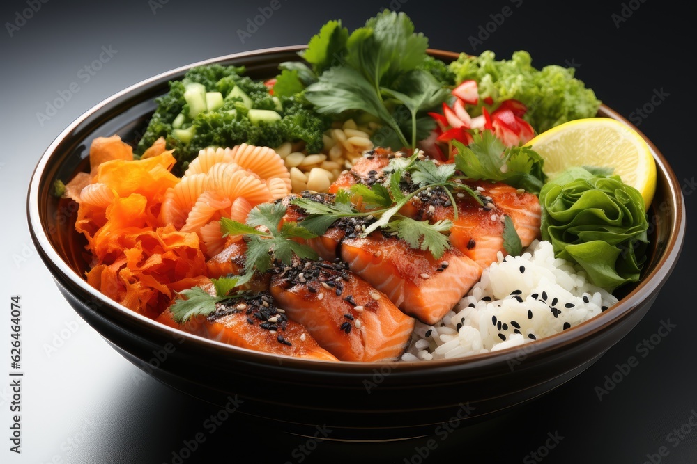 Bowl with salmon, rice and vegetables. Generative AI Bowl with salmon, rice and vegetables. Generative AI