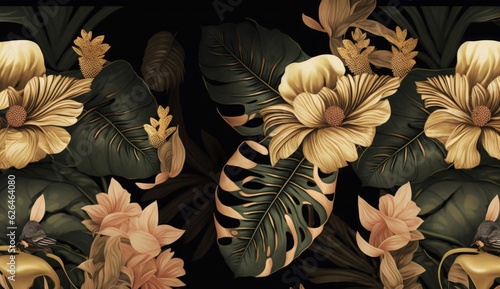 Tropical exotic golden seamless pattern. Beautiful women  hibiscus flowers bouquets  plumeria  monstera  palm  banana leaves  butterflies  jungle. Hand-drawn vintage 3D illustration. Generative AI