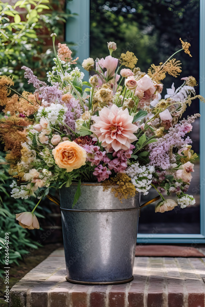 flowers in pots,an outside photograph of an opulent arrangement of pastel,flowers in a vase