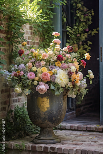 flowers in pots,an outside photograph of an opulent arrangement of pastel,flowers in a vase
