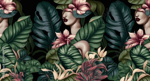 Tropical exotic seamless pattern with woman, monstera, hibiscuc, bromeliad, banana leaves, palm, colocasia. Hand-drawn 3D illustration. Good for production wallpapers, cloth and fabric, Generative AI photo