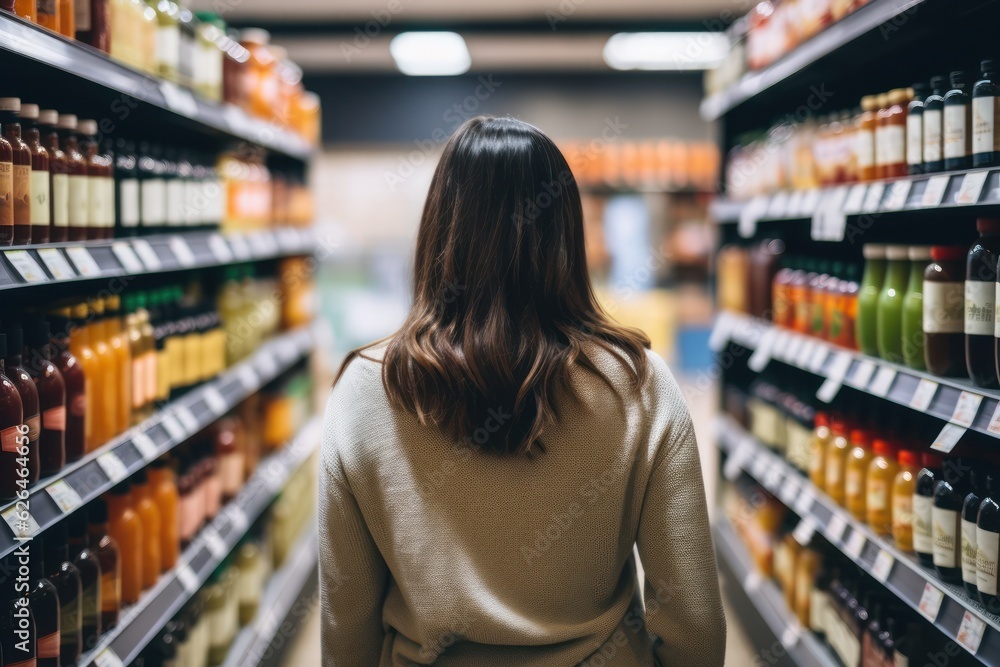 woman customer shopping for juice at supermarket or grocery store discount price on healthy fruit brand products. Non-existent person. Generative Ai