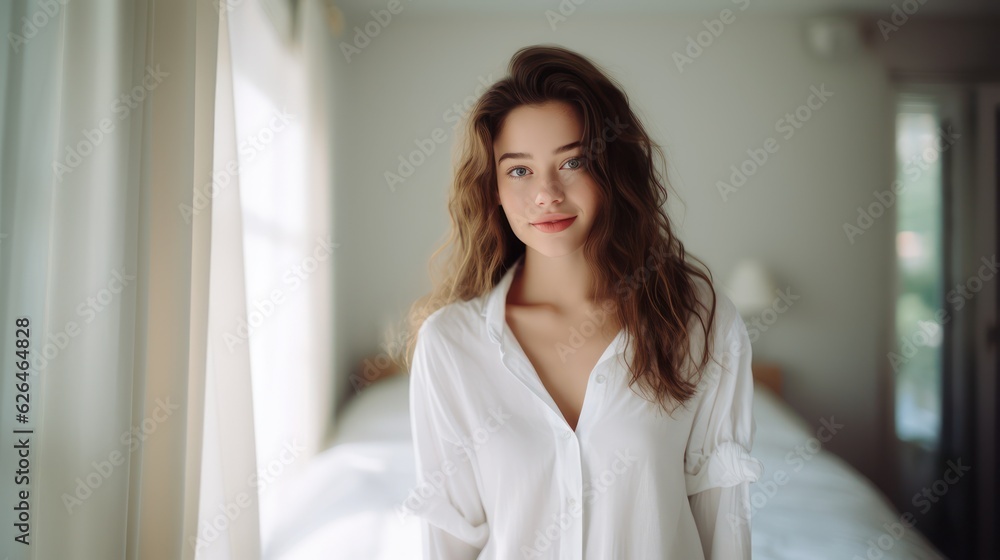 Close up portrait of young pretty brunette lady with wavy hair and tender glance looking on camera. Non-existent person. Generative Ai Close up portrait of young pretty brunette lady with wavy hair and tender glance looking on camera. Non-existent person. Generative Ai