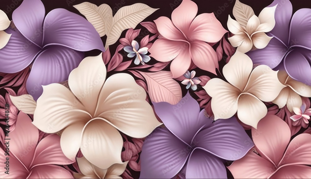 Floral seamless pattern, tropical background, luxury wallpaper. Romantic delicate flowers, plumeria, pink, beige, purple, gypsophila. Watercolour 3d illustration, premium texture. Generative AI