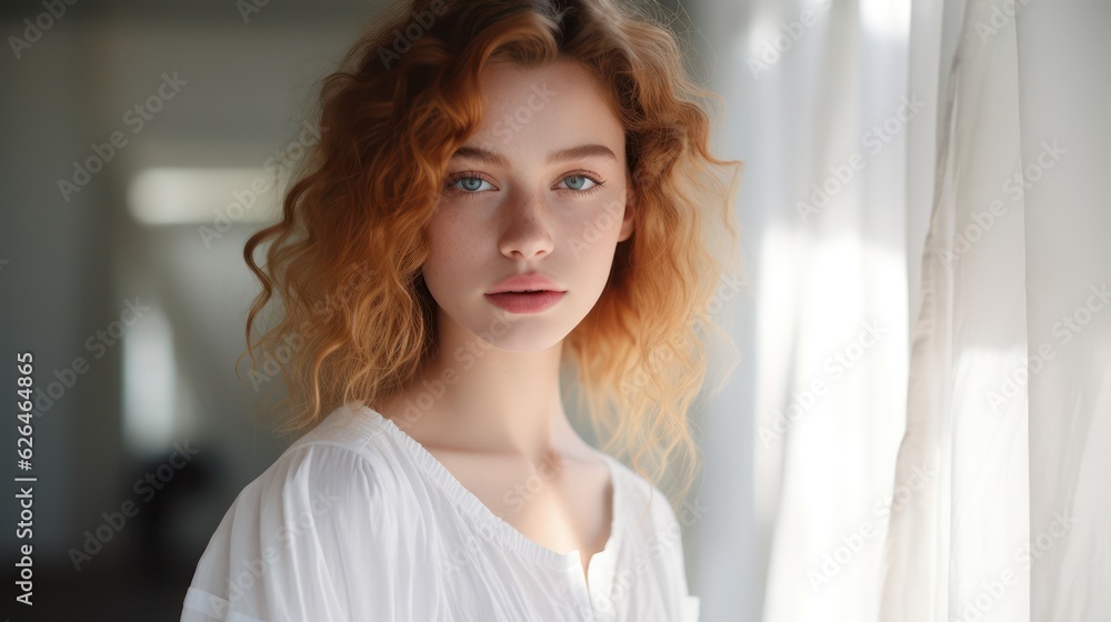 Close up portrait of young pretty brunette lady with wavy hair and tender glance looking on camera. Non-existent person. Generative Ai Close up portrait of young pretty brunette lady with wavy hair and tender glance looking on camera. Non-existent person. Generative Ai