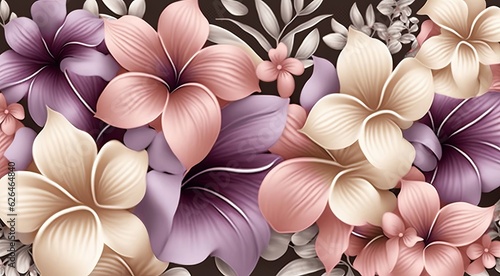 Floral seamless pattern, tropical background, luxury wallpaper. Romantic delicate flowers, plumeria, pink, beige, purple, gypsophila. Watercolour 3d illustration, premium texture. Generative AI