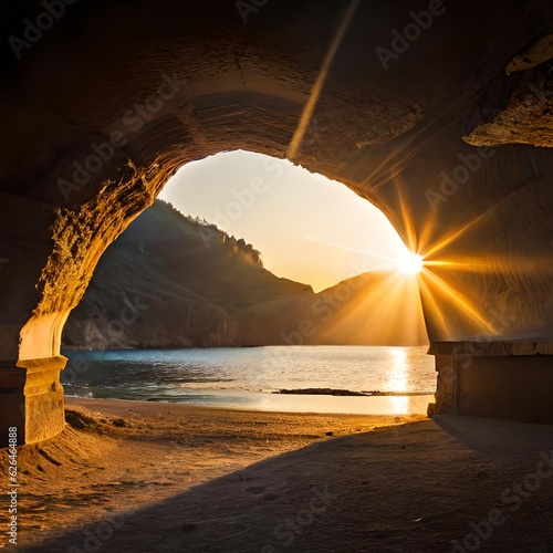 Beautiful cave object with bright light illuminating the cave passage, great for business, background, decoration, website, travel etc. The concept of generative Ai