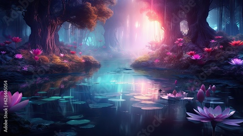 Fantasy forest with vibrant shades of blue and purple, creating a magical atmosphere