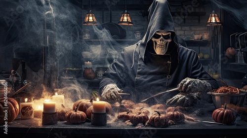 Sinister Halloween themed chef preparing wickedly delicious dish in mystical restaurant kitchen