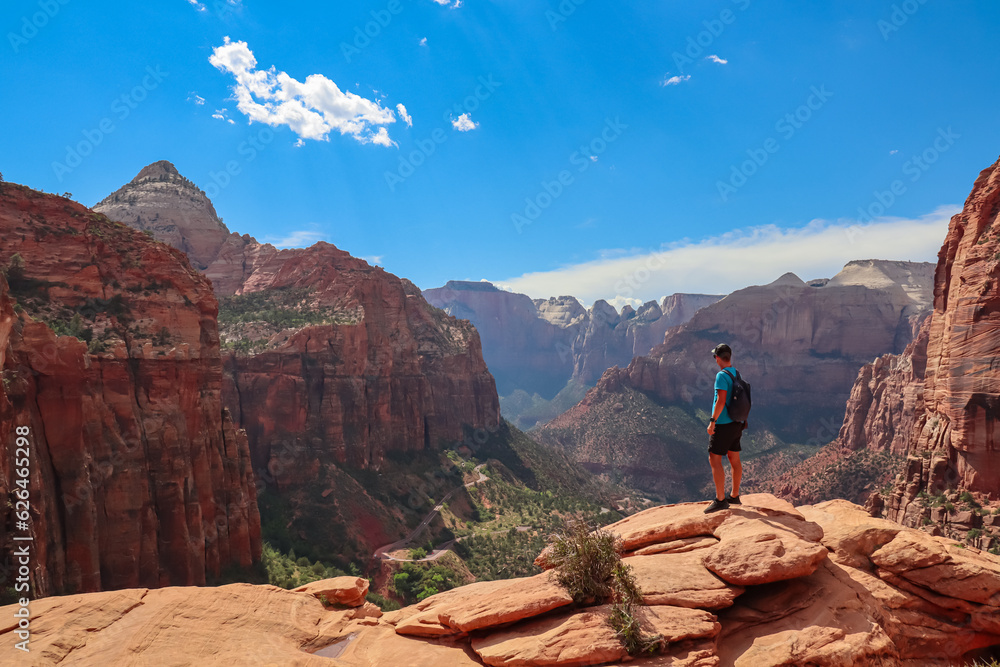 Rear view of man standing at the cliff edge enjoying view from Zion National Park Canyon Overlook, Utah, USA. Adventure seeker embraces nature beauty. Tranquil and majestic atmosphere in wilderness