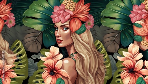 Tropical seamless pattern with beautiful blonde women, bouquets of hibiscus, plumeria, cactus flowers, palm, banana leaves, butterflies. Hand-drawn vintage 3D illustration for lux, Generative AI