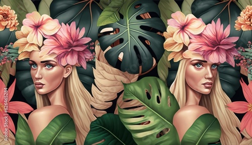 Tropical seamless pattern with beautiful blonde women, bouquets of hibiscus, plumeria, cactus flowers, palm, banana leaves, butterflies. Hand-drawn vintage 3D illustration for lux, Generative AI