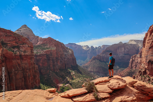 Rear view of man standing at the cliff edge enjoying view from Zion National Park Canyon Overlook, Utah, USA. Adventure seeker embraces nature beauty. Tranquil and majestic atmosphere in wilderness