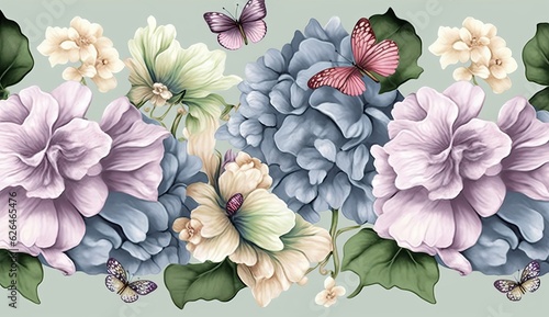 Watercolor painting with hydrangea flowers bouquets, butterflies. Seamless pattern, luxury wallpaper, beautiful art. 3d illustration, pastel colors, pink, purple, turquoise, beige. Generative AI
