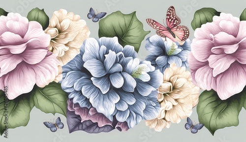 Watercolor painting with hydrangea flowers bouquets, butterflies. Seamless pattern, luxury wallpaper, beautiful art. 3d illustration, pastel colors, pink, purple, turquoise, beige. Generative AI