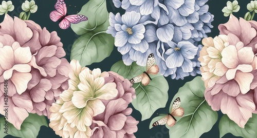 Watercolor painting with hydrangea flowers bouquets, butterflies. Seamless pattern, luxury wallpaper, beautiful art. 3d illustration, pastel colors, pink, purple, turquoise, beige. Generative AI