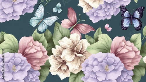 Watercolor painting with hydrangea flowers bouquets, butterflies. Seamless pattern, luxury wallpaper, beautiful art. 3d illustration, pastel colors, pink, purple, turquoise, beige. Generative AI
