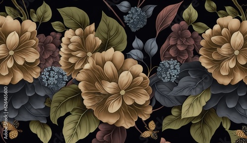 Floral seamless pattern with vintage hydrangea flowers, leaves, fireflies. Luxury 3d illustration. Premium wallpaper. Glamorous art. Bronze texture, dark background. Fabric printing, Generative AI