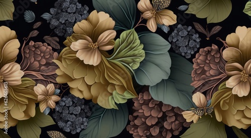 Floral seamless pattern with vintage hydrangea flowers, leaves, fireflies. Luxury 3d illustration. Premium wallpaper. Glamorous art. Bronze texture, dark background. Fabric printing, Generative AI