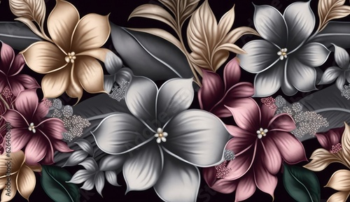 Dark floral seamless pattern, luxury wallpaper, vintage texture. Silver metallic, pink, golden colors. Tropical plumeria flowers, gypsophila. Watercolor 3d illustration, digital paper. Generative AI