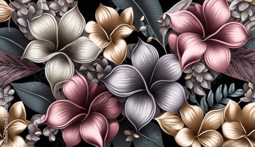 Dark floral seamless pattern, luxury wallpaper, vintage texture. Silver metallic, pink, golden colors. Tropical plumeria flowers, gypsophila. Watercolor 3d illustration, digital paper. Generative AI