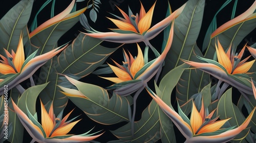 Strelitzia flowers. Seamless pattern, tropical background. Luxury wallpaper. Exotic green leaves, hummingbird. Watercolor dark vintage 3d illustration. Premium mural, tapestry, cloth, Generative AI