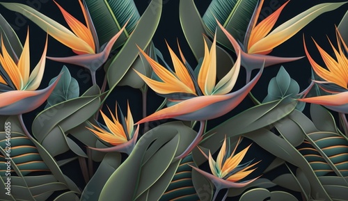 Strelitzia flowers. Seamless pattern, tropical background. Luxury wallpaper. Exotic green leaves, hummingbird. Watercolor dark vintage 3d illustration. Premium mural, tapestry, cloth, Generative AI