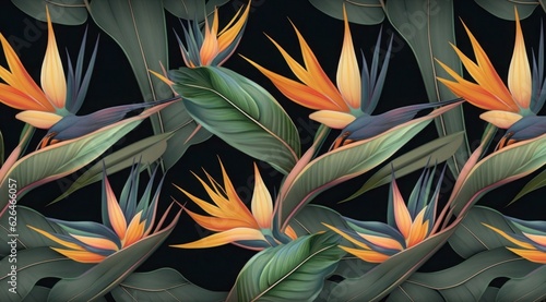 Strelitzia flowers. Seamless pattern, tropical background. Luxury wallpaper. Exotic green leaves, hummingbird. Watercolor dark vintage 3d illustration. Premium mural, tapestry, cloth, Generative AI