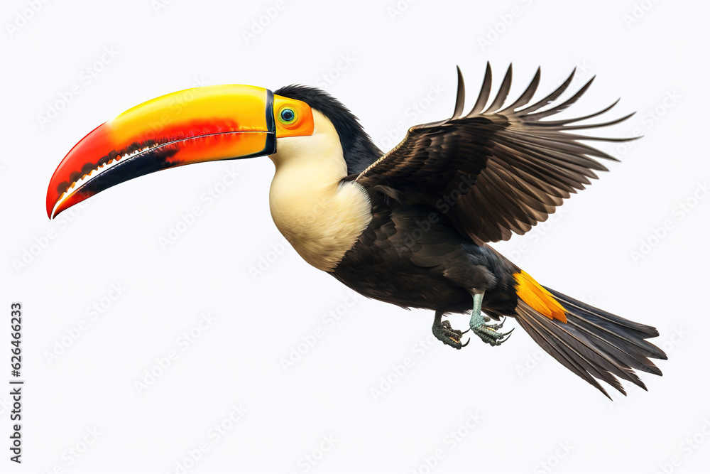 Naklejka premium Image of a toucan with spread wings in flight on a white background. Wildlife. Bird. Illustration, Generative AI.
