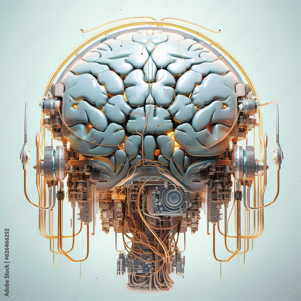A human brain made of electronic machinery on a clean background. illustration. Generative AI. A human brain made of electronic machinery on a clean background. illustration. Generative AI.